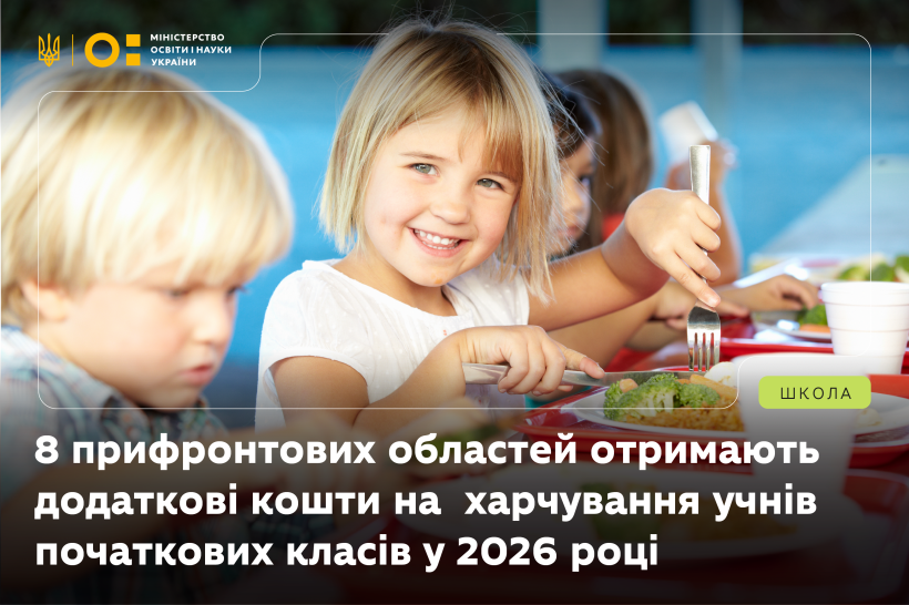 Вісім прифронтових областей отримають додаткові кошти на  харчування учнів початкових класів у 2026 році