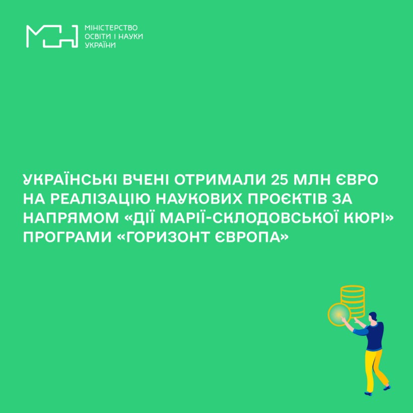 Українські вчені отримали 25 млн євро на реалізацію наукових проєктів за напрямом «Дії Марії-Склодовської Кюрі» програми «Горизонт Європа»