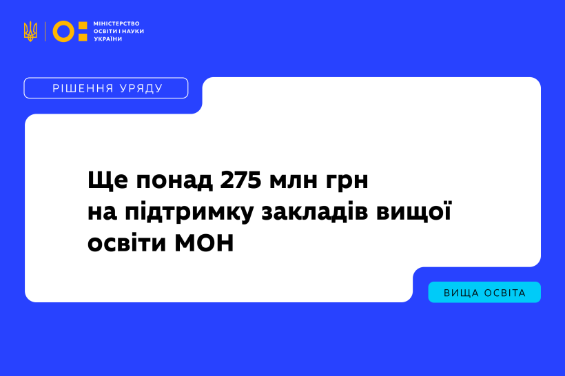 Уряд спрямував ще понад 275 млн грн на підтримку закладів вищої освіти МОН