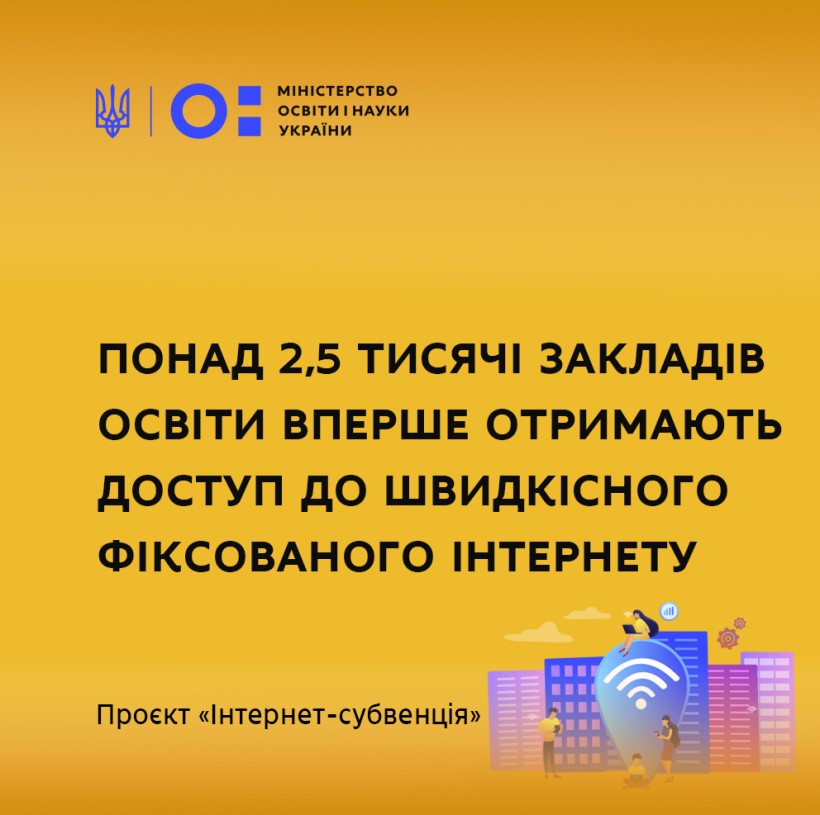 Понад 2,5 тисячі закладів освіти вперше отримають доступ до швидкісного фіксованого інтернету