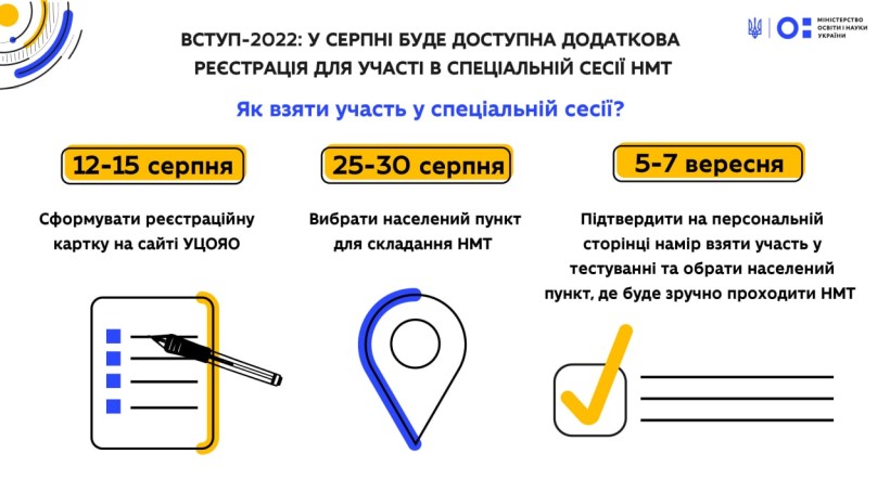 Вступ-2022: у серпні буде доступна додаткова реєстрація для участі в спеціальній сесії НМТ
