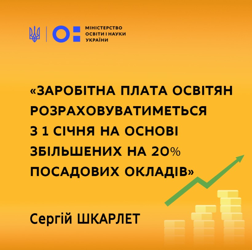 Сергій Шкарлет: «Заробітна плата освітян розраховуватиметься з 1 січня на основі збільшених на 20% посадових окладів»