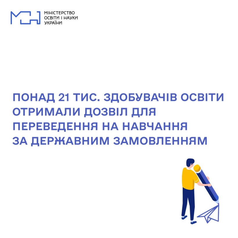 Понад 21 тис. здобувачів освіти отримали дозвіл для переведення на навчання за державним замовленням