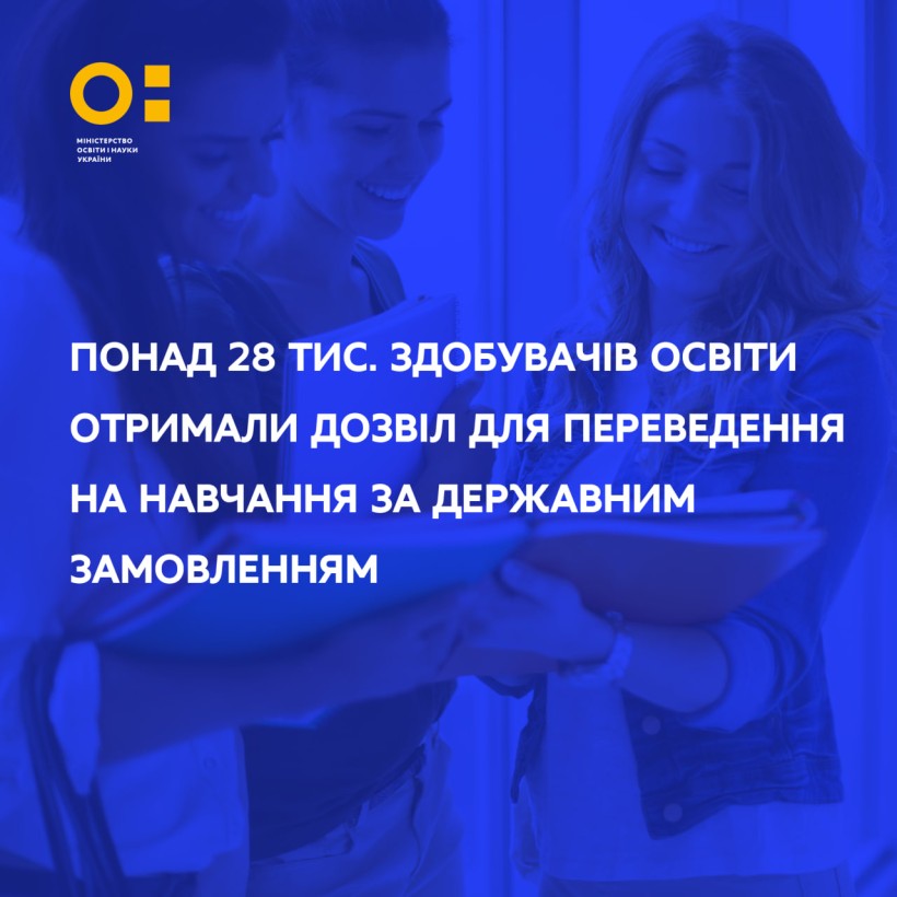 Понад 28 тис. здобувачів освіти отримали дозвіл для переведення на навчання за державним замовленням