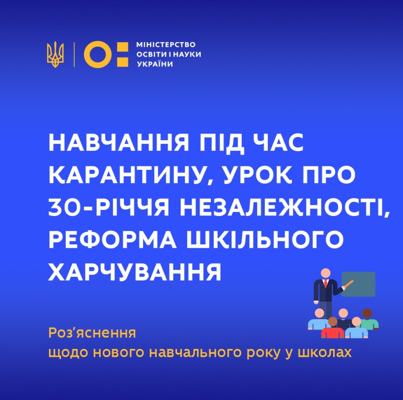 Навчання під час карантину, урок про 30-річчя незалежності, реформа шкільного харчування: МОН підготувало роз’яснення щодо нового навчального року у школах