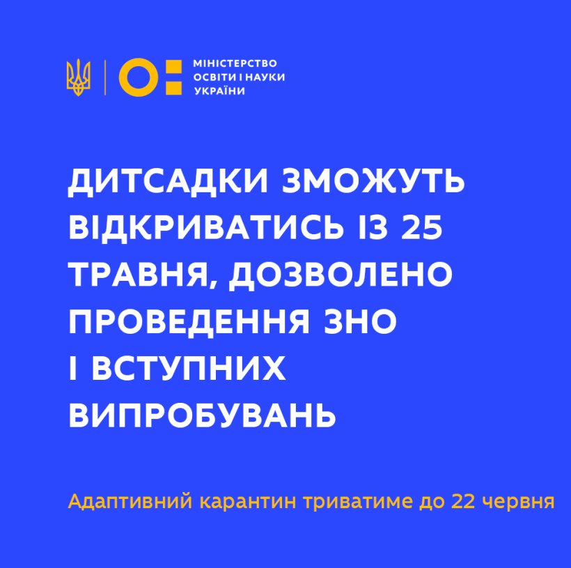 Адаптивний карантин триватиме до 22 червня, дитсадки зможуть відкриватись із 25 травня, дозволено проведення ЗНО і вступних випробувань – рішення Уряду