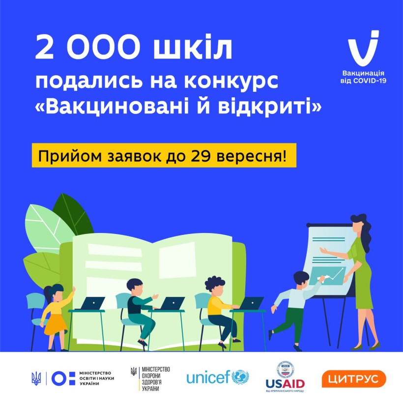 2000 шкіл, які вакцинували понад 80% колективу, подались на конкурс "Вакциновані й відкриті" – прийом заявок триває до 29 вересня