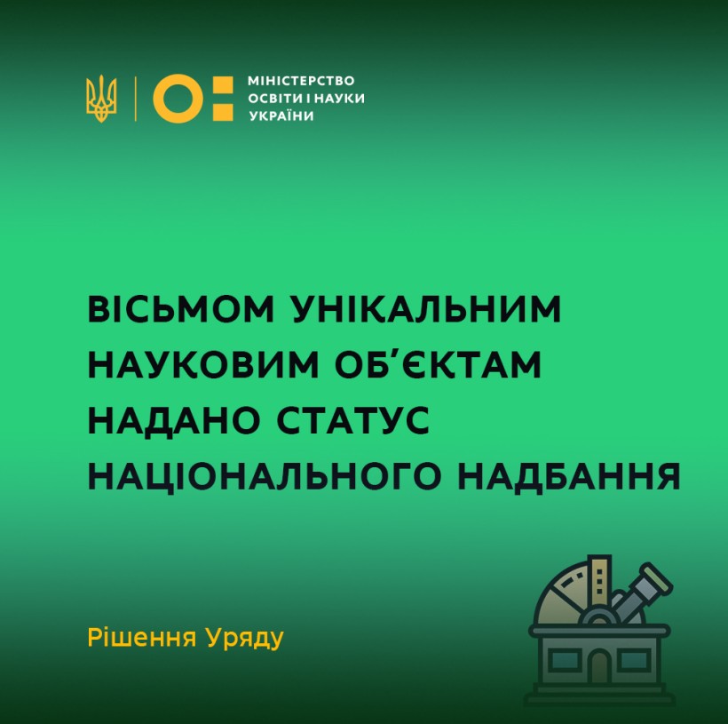 Вісьмом унікальним науковим об’єктам надано статус національного надбання – рішення Уряду