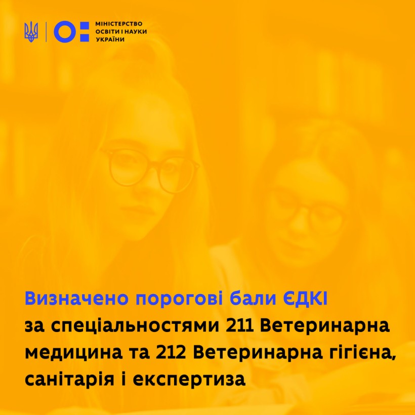 Визначено порогові бали ЄДКІ за спеціальностями 211 Ветеринарна медицина та 212 Ветеринарна гігієна, санітарія і експертиза