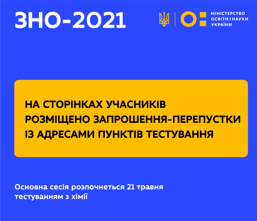 На сторінках учасників ЗНО розміщено запрошення-перепустки з адресами пунктів тестування